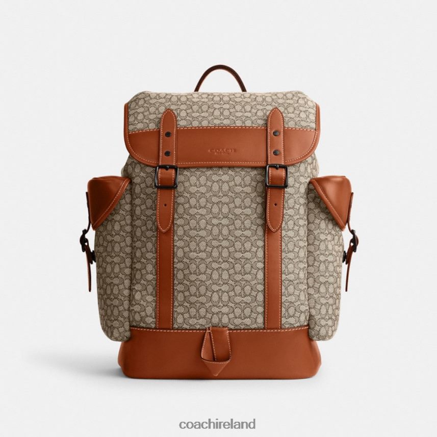 Coach Men HITCH BACKPACK IN MICRO SIGNATURE JACQUARD Cocoa/Burnished Amber 80N2R2683