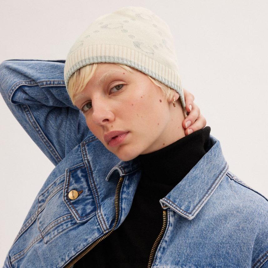 Coach Women SIGNATURE METALLIC KNIT BEANIE Chalk 80N2R2564