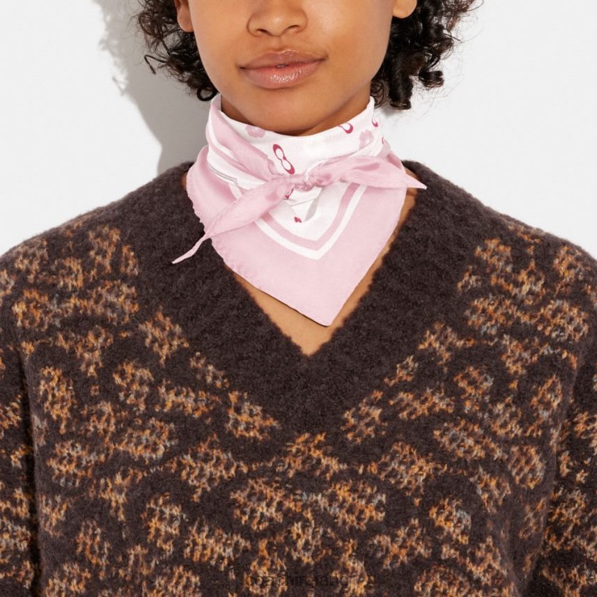 Coach Women TEA ROSE PRINT SILK DIAMOND SCARF Flower Pink 80N2R2609