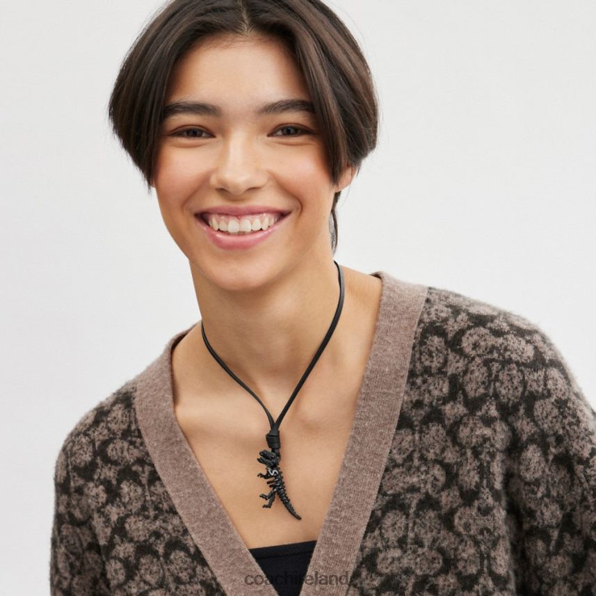 Coach Women SKELETAL REXY LEATHER NECKLACE Black 80N2R2535