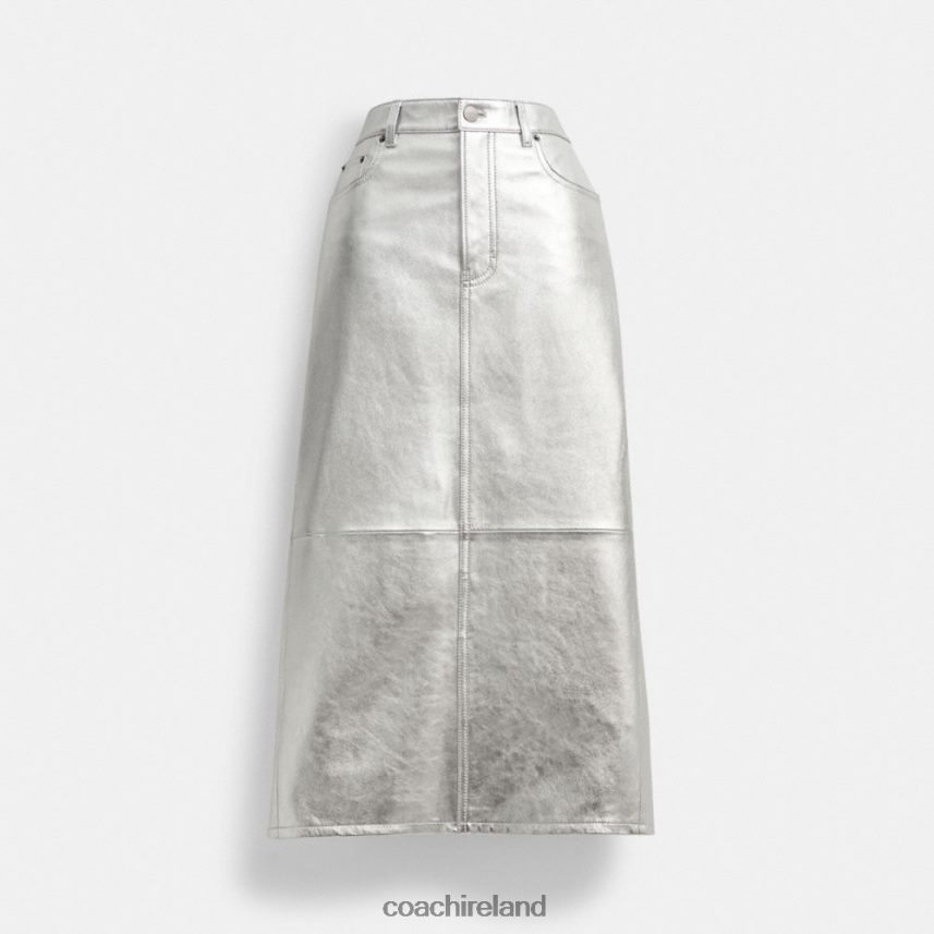 Coach Women METALLIC LEATHER LONG SKIRT Silver Multi. 80N2R2507