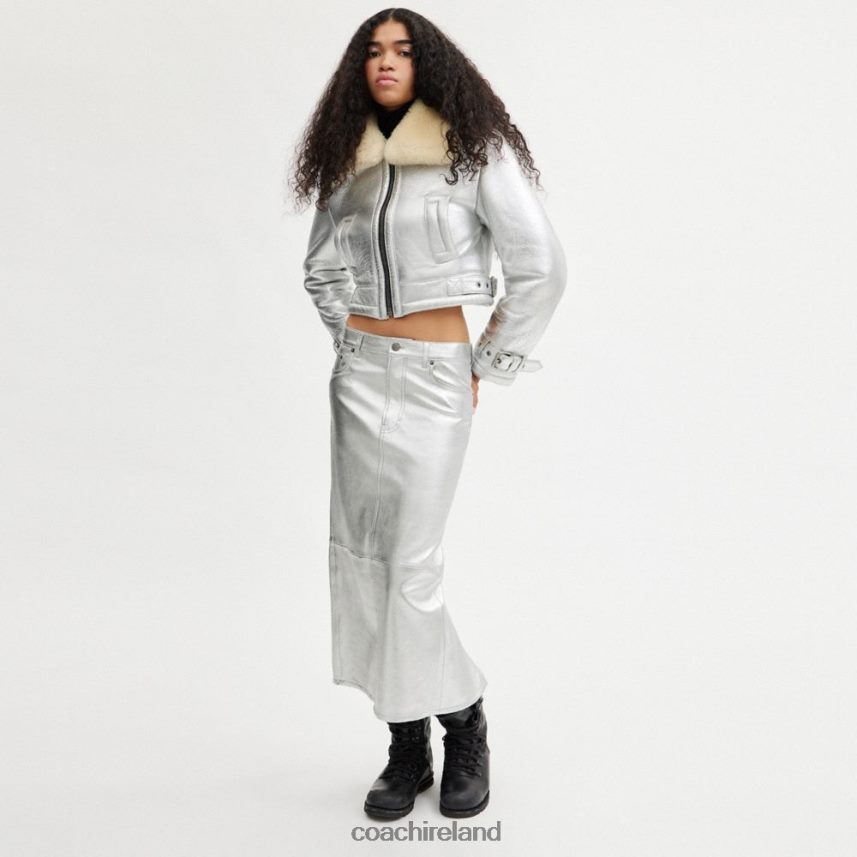 Coach Women METALLIC LEATHER LONG SKIRT Silver Multi. 80N2R2507