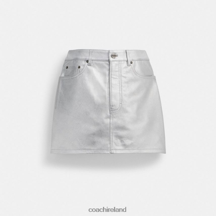 Coach Women METALLIC LEATHER MINI SKIRT Silver 80N2R2510