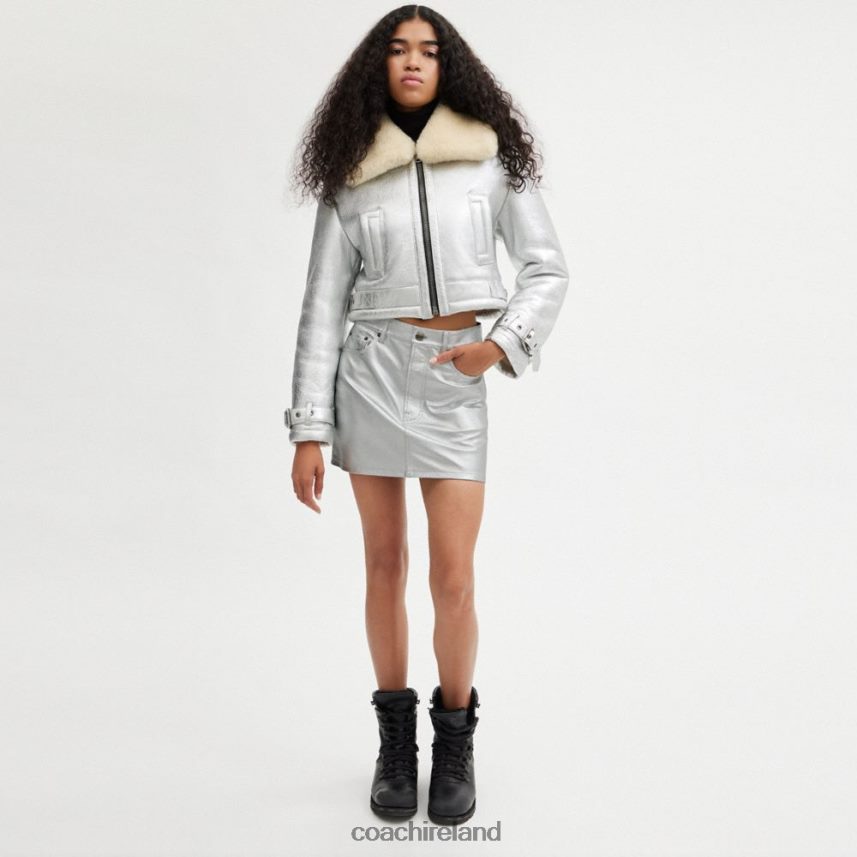 Coach Women METALLIC LEATHER MINI SKIRT Silver 80N2R2510