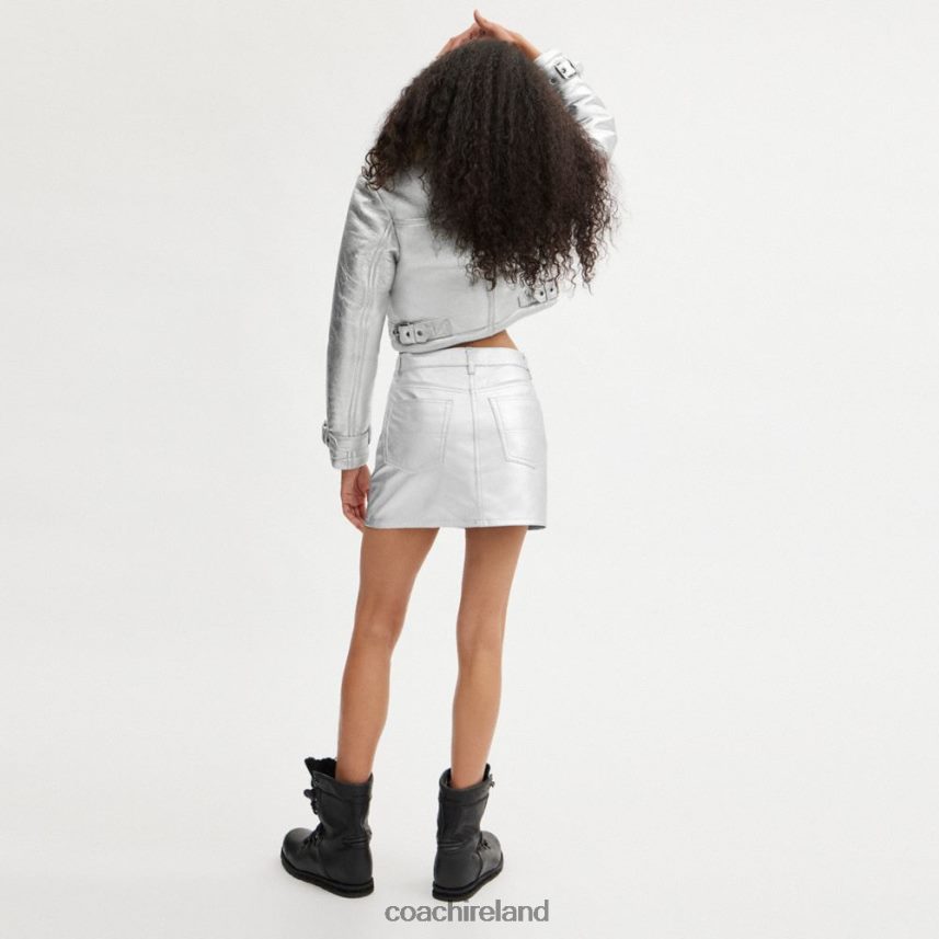 Coach Women METALLIC LEATHER MINI SKIRT Silver 80N2R2510