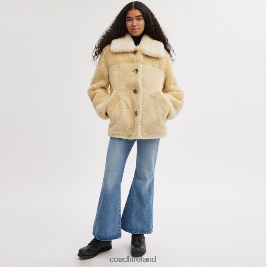 Coach Women ALL OVER COLORBLOCK SHEARLING COAT IVORY MULTI 80N2R2442