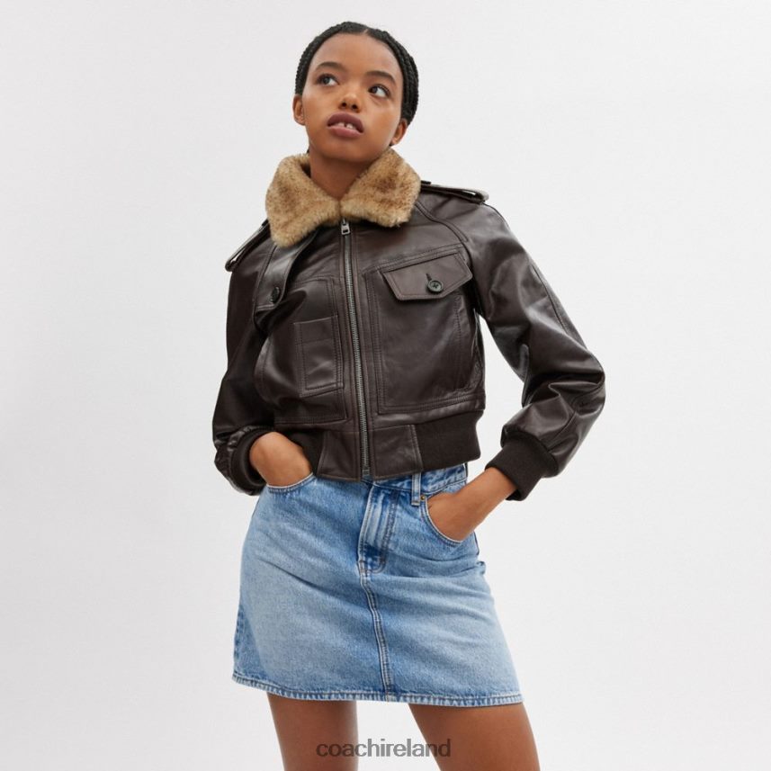 Coach Women CROPPED LEATHER JACKET Brown 80N2R2435